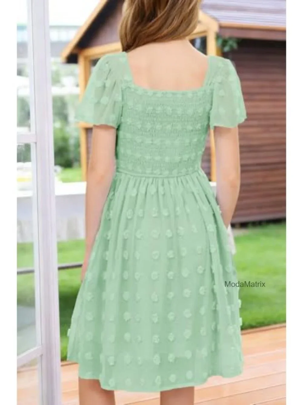 Girls Swiss Dot Square Neck Smocked A-Line Dress with Pockets